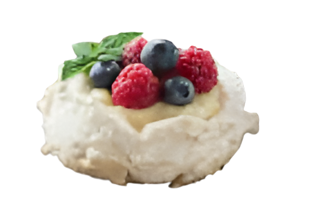 Meringue with Wattleseed cream & Hibicus n Strawberry gum jam